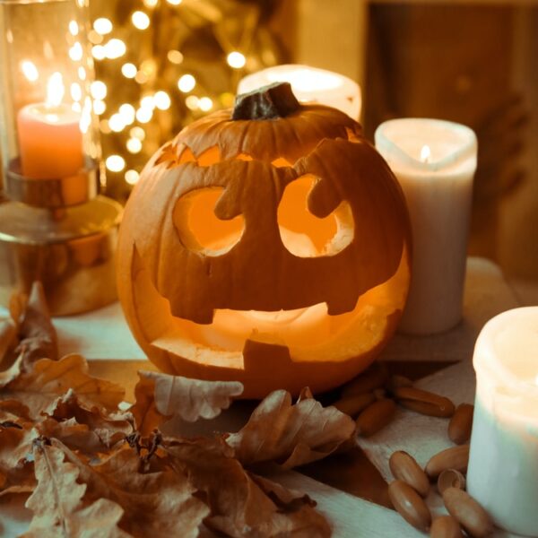 jack o lantern on gray textile
