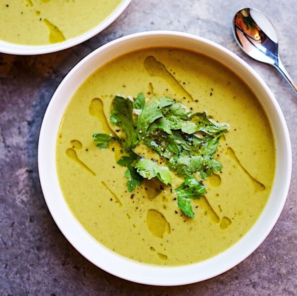 green soup on white ceramic bowl