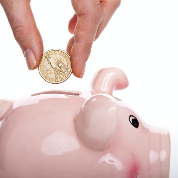 silver round coin on white ceramic pig coin bank