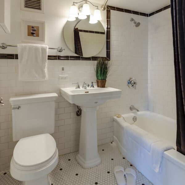 white ceramic toilet bowl beside pedestal sink