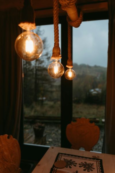 a table with some lights hanging from it
